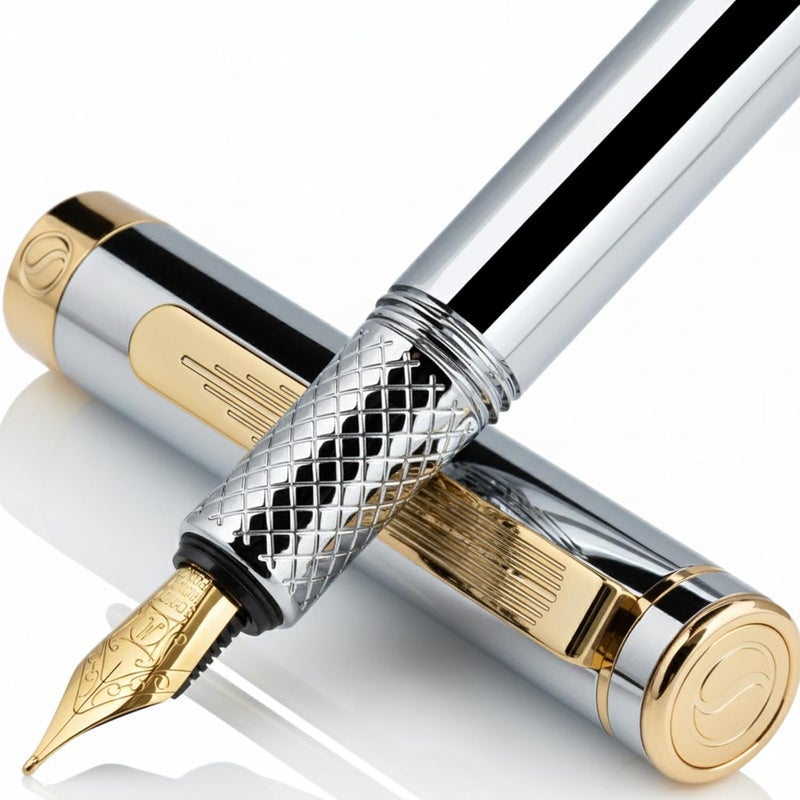 Scriveiner Luxury EDC Fountain Pen (Medium), Stunning Silver Chrome Luxury Pen, Real Gold Plating, Schmidt German Nib, Converter, Writing Gift Set for Men & Women, Nice Fancy Office Designer Pen - Image 1
